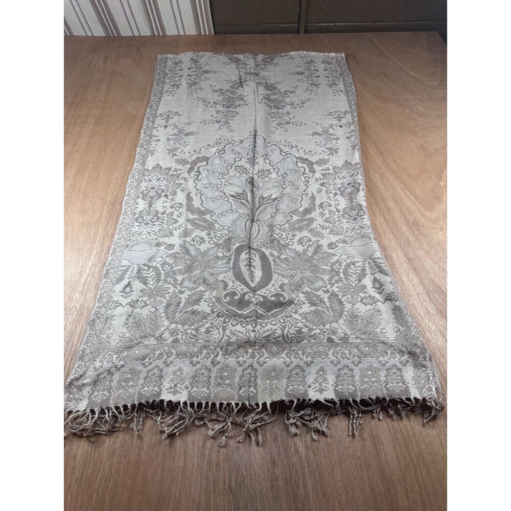 Tan Beige Jacquard Floral Scarf Wrap Shawl Fringe 74x21 Neutral Elegant